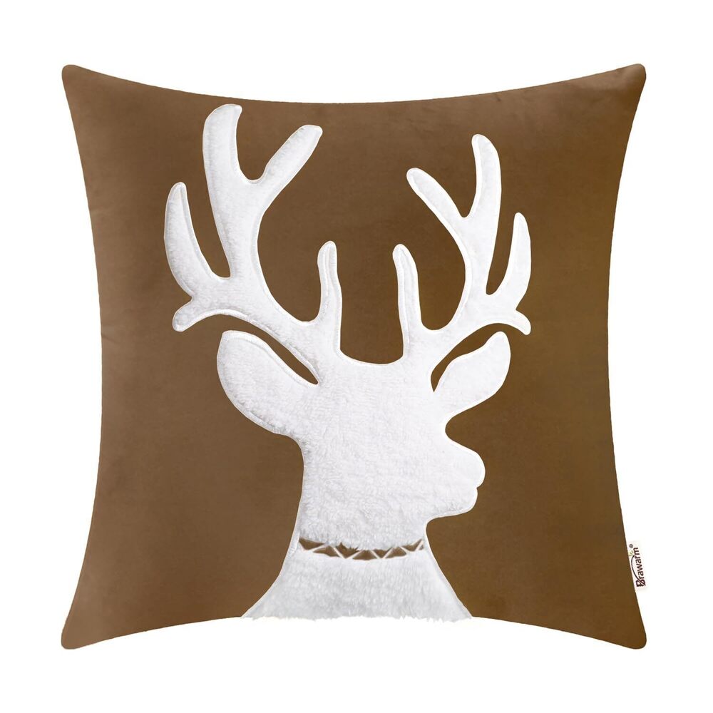 2382 Christmas Pillow Cover 18 X 18 Inches, Brown Reindeer Embroidered